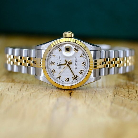 ROLEX DATEJUST CREAM PYRAMID ROMAN DIAL 18KY FLUTED JUBILEE TWO-TONE WATCH 69173 - Picture 5 of 9